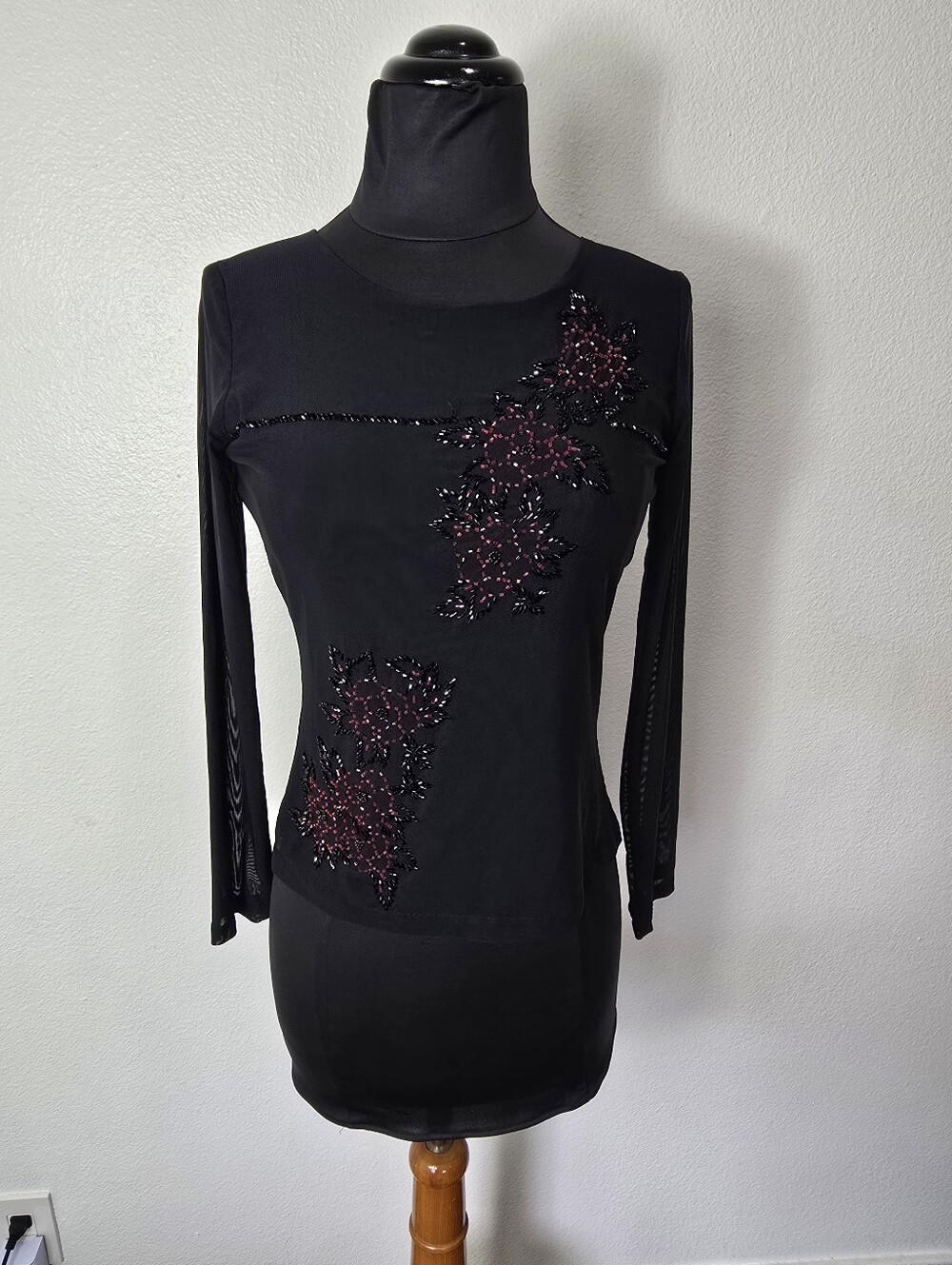 Black Long-Sleeve Embellished Top - Floral Beaded Detail Whimsigoth", "Y2 Fairy